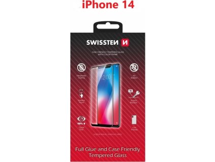 Sklo swissten full glue, color frame, case friendly pro apple iphone 14 černé