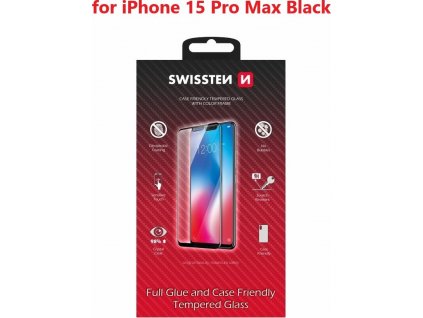 Sklo swissten full glue, color frame, case friendly pro apple iphone 15 pro max černé