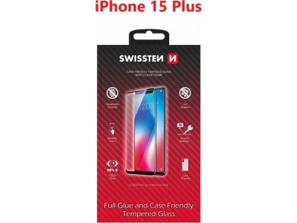 Sklo swissten full glue, color frame, case friendly pro apple iphone 15 plus černé