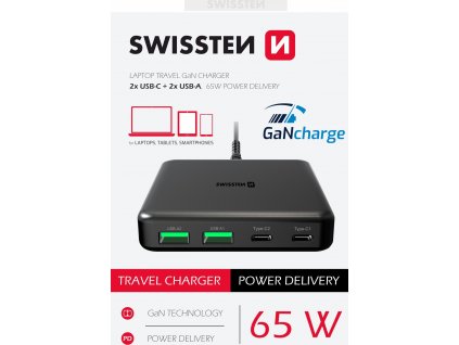 Swissten mini desktop adaptér gan 2x usb-c + 2xusb 65w power delivery černý