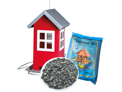 VÝHODNÝ SET - Kovové krmítko červená, slunečnice, směs