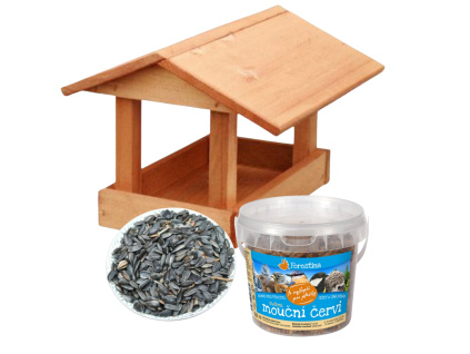 VÝHODNÝ SET - Dřevěné krmítko hnědá, slunečnice, mouční červi