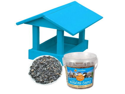 VÝHODNÝ SET - Dřevěné krmítko modrá, slunečnice, mouční červi