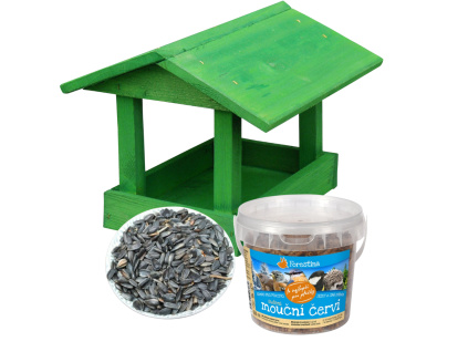 VÝHODNÝ SET - Dřevěné krmítko zelená, slunečnice, mouční červi