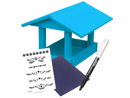 VÝHODNÝ SET - Dřevěné krmítko modrá, permanentní fix, předloha