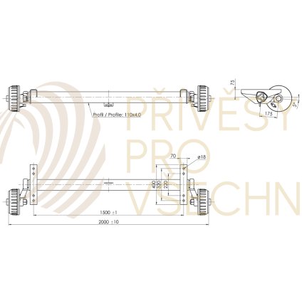 Náprava AL-KO Plus B 1800-9 (1800 kg) a=1500 mm, c=2000 mm, 2361, 112x5 zesílené patky AAA