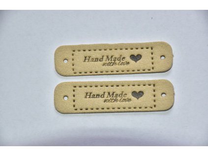 Koženkový štítek Hand made with love 5,5 x 1,5cm béžový