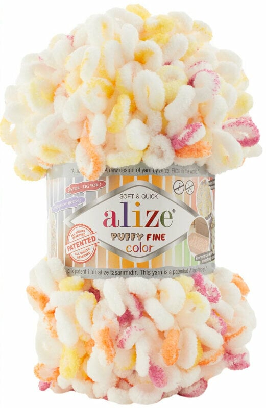 Alize Příze Puffy FINE color 6244 bílá-meruňka-žlutá-červená