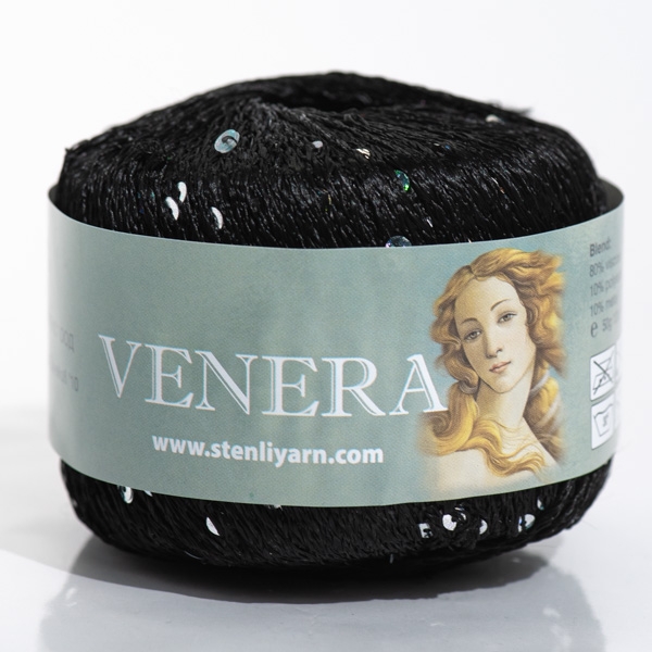 Stenli Příze Příze Venera - viskóza s flitry -  0991 černá bílé flitry
