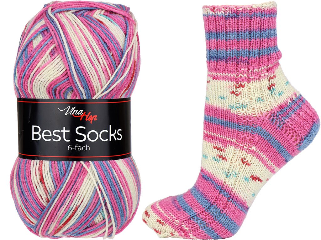 Vlna-hep Best socks 6-fach - 7368 růžovo-modro-bílá