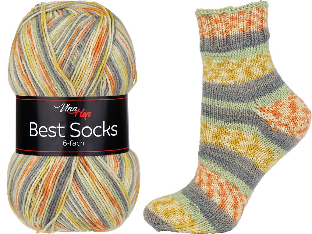 Vlna-hep Best socks 6-fach - 7370 šedo-oranžovo-žlutá