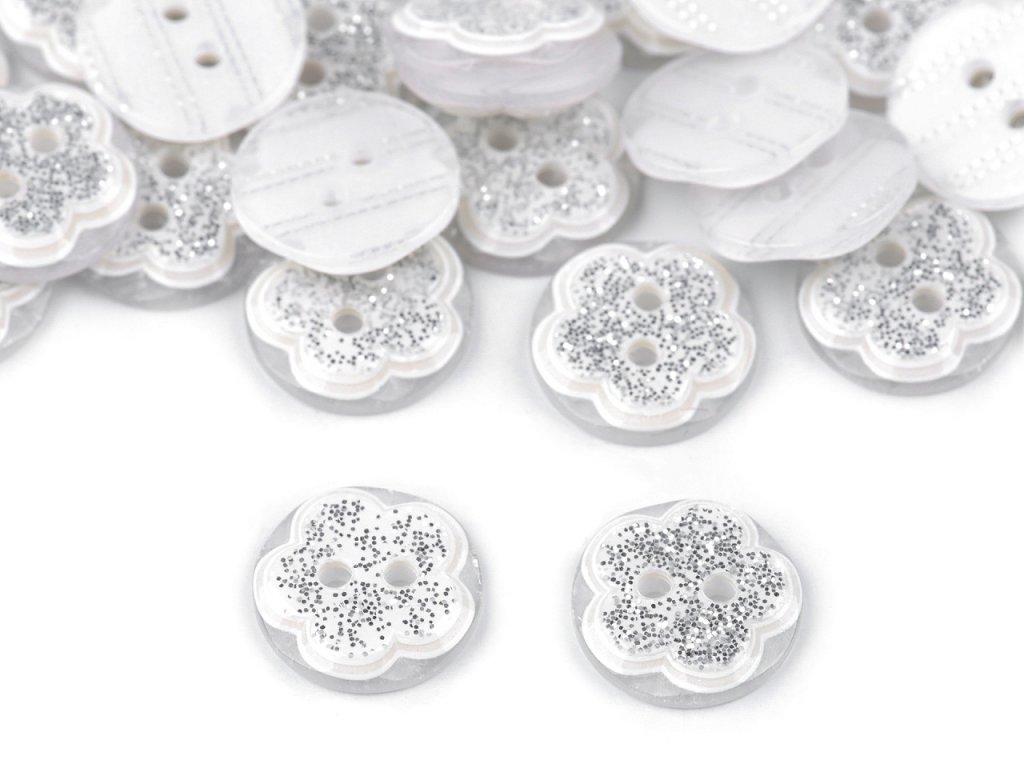 Knoflík květ s glitry bílá stříbrná