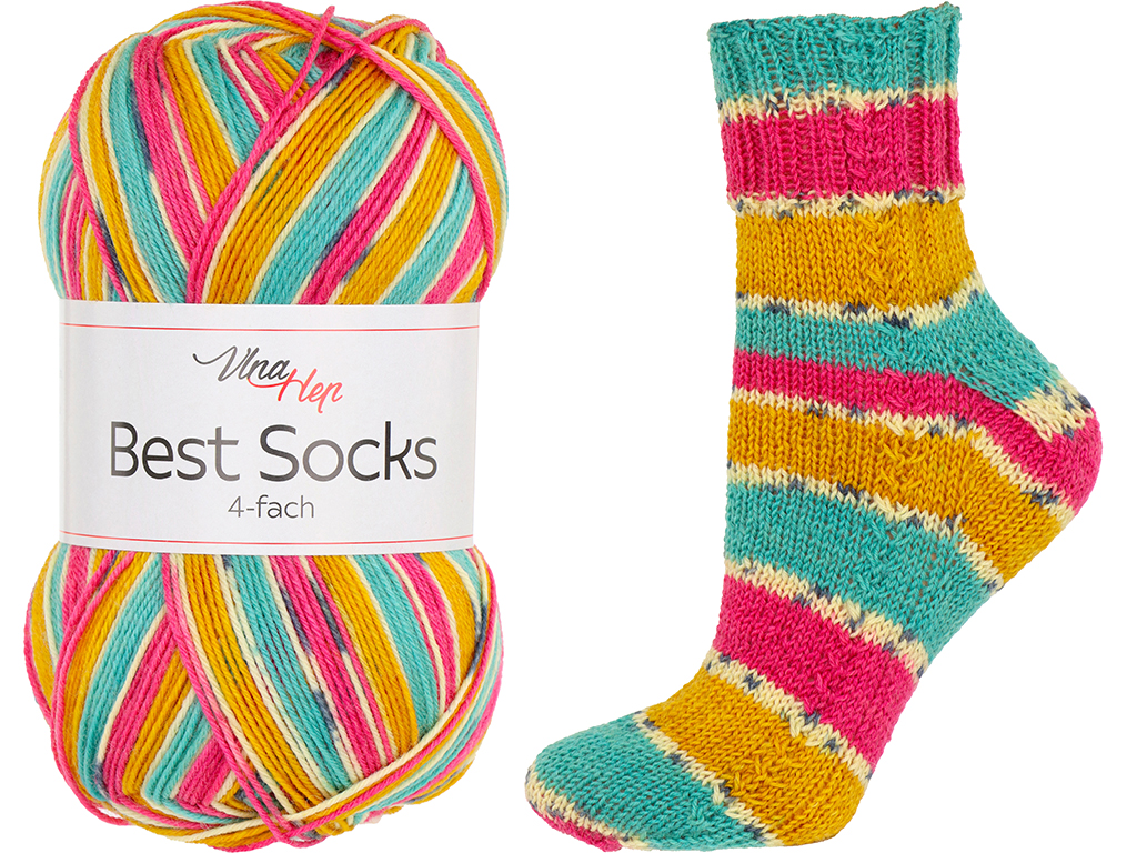 Vlna-hep Příze Best socks 7384 tyrkysovo-červeno-okrová