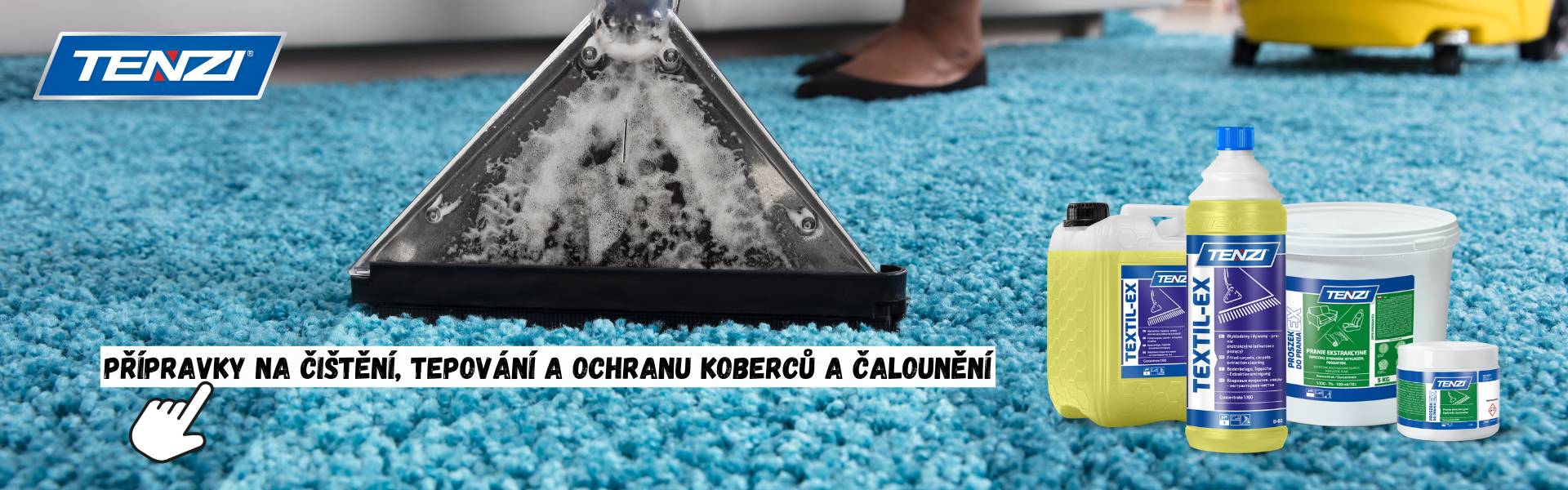 Přípravky na čištění, tepování a impregnaci koberců a čalounění.