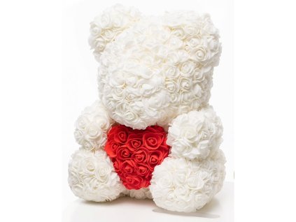 Medvídek z růží bílý se srdcem Rose Bear 40 cm + Dárková krabice