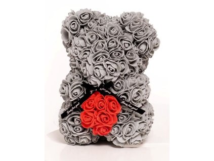 Medvídek z růží šedý s červeným srdcem Rose Bear 25 cm