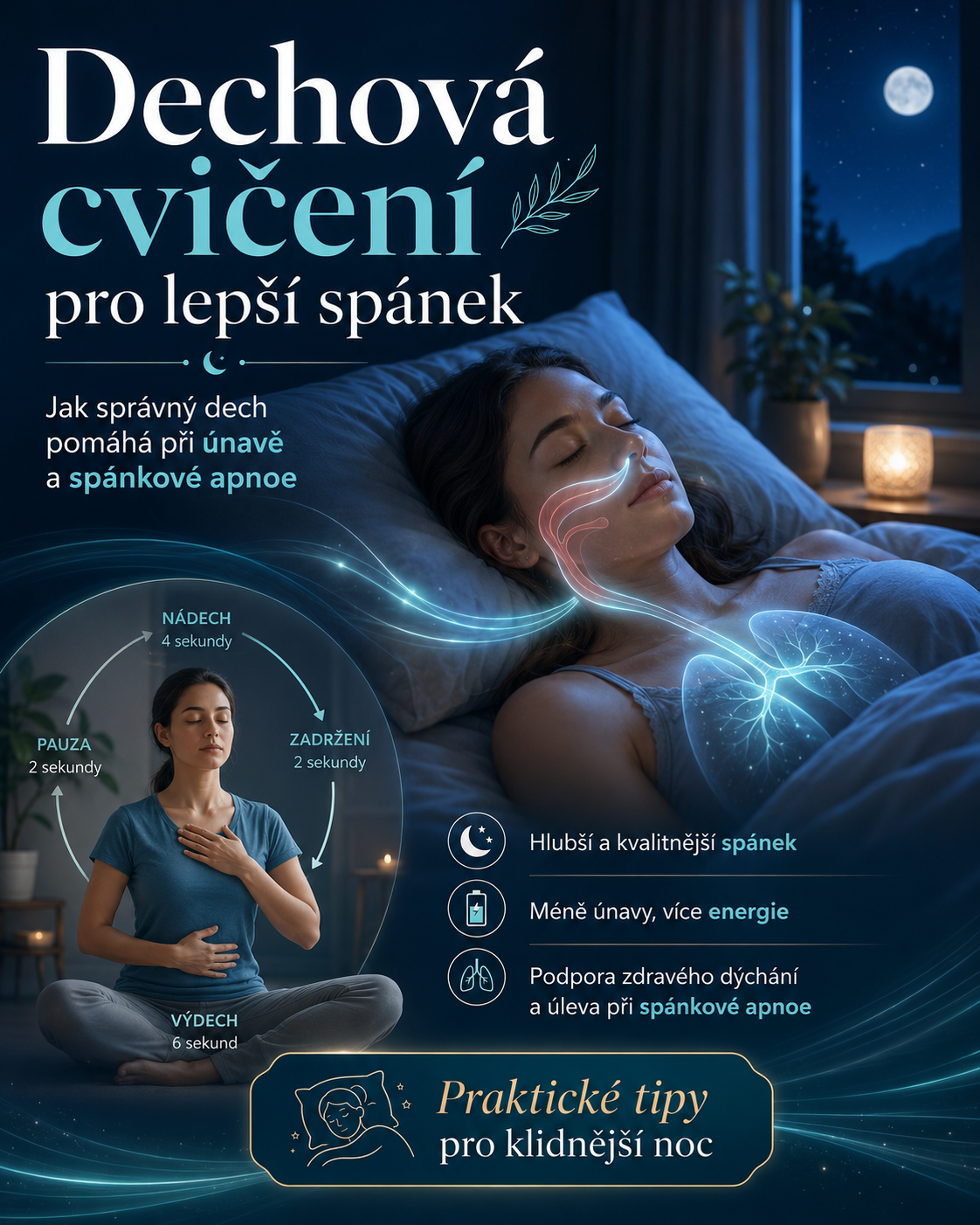Dechová cvičení pro lepší spánek, méně únavy a podporu při spánkové apnoe