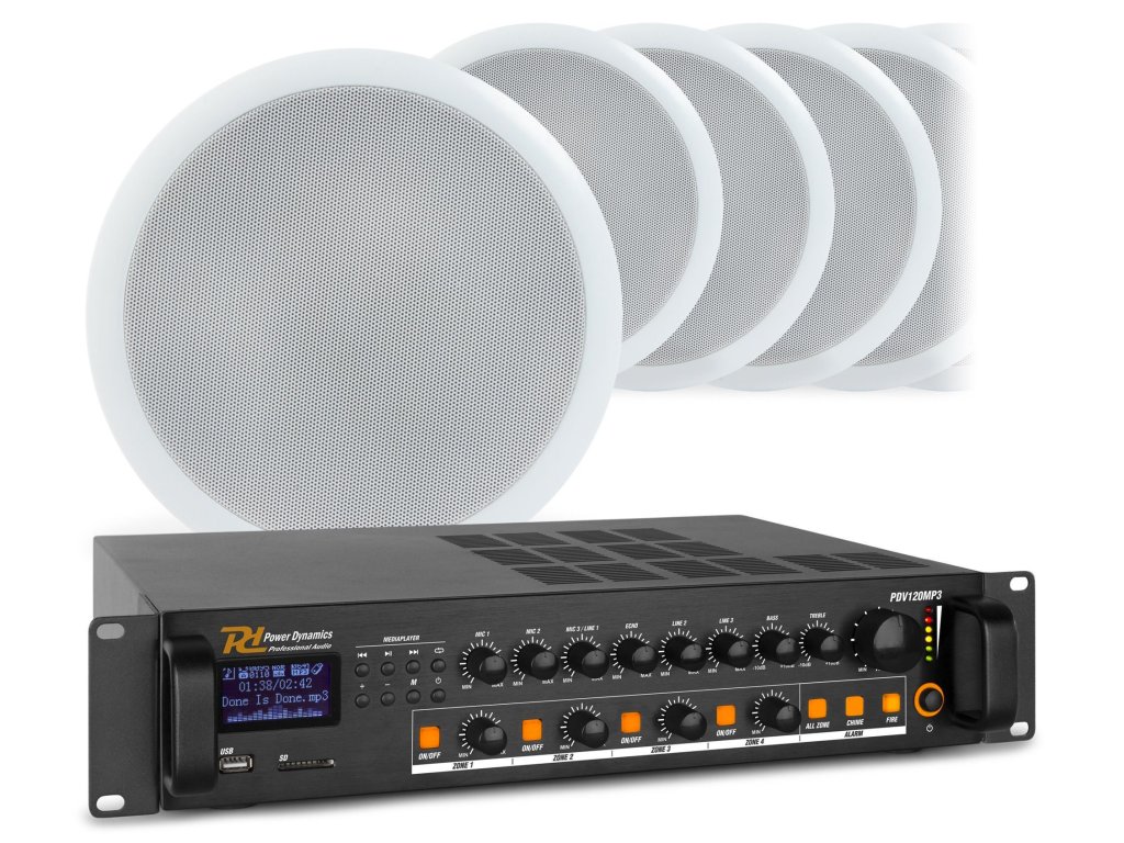 Power Dynamics Zvukový systém s 8 stropními reproduktory CSPB8 a zesilovačem PDV120MP3 s BT