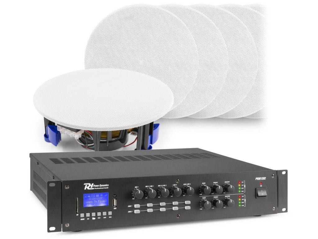 Power Dynamics 2 zónový zvukový systém se zesilovačem PRM1202 s BT a 12x vestavěnými reproduktory (bílá)