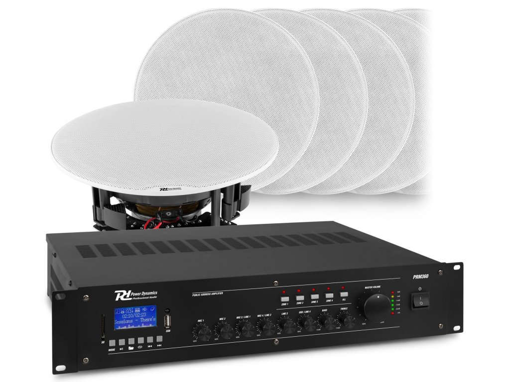 Power Dynamics Kompletní 100V zvukový systém s 8 vestavěnými reproduktory a 4 zónovým zesilovačem PRM360
