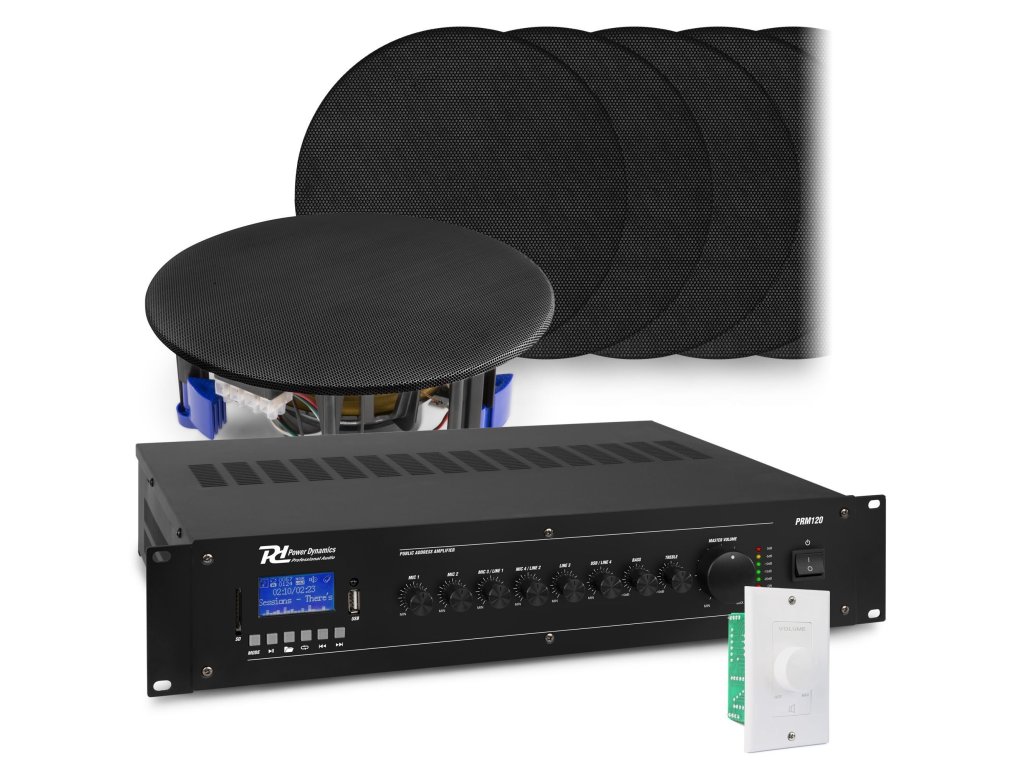 Power Dynamics Zvukový systém s 12x vestavěnými reproduktory NCSP5B a zesilovačem PRM120 s BT