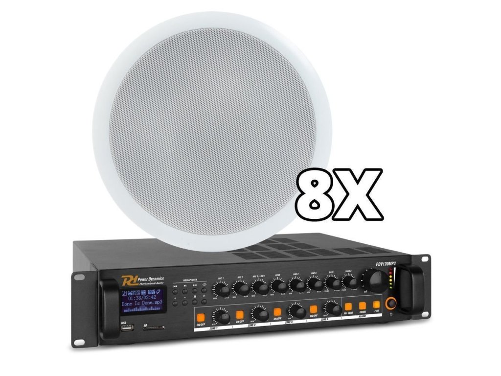 Power Dynamics 100V Set 8 reproduktorů s 4 zónovým zesilovačem s Bluetooth, USB a FM