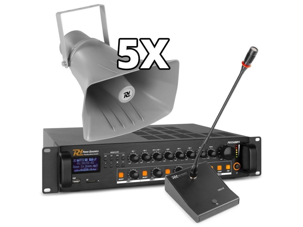Power Dynamics Set ozvučení 200W s 5 reproduktory, bluetooth a MP3 pro sportoviště nebo průmyslové haly