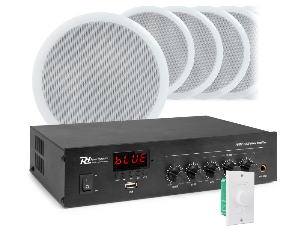 Power Dynamics zvukový systém s 10 stropními reproduktory CSPB5 a zesilovačem PDM45 s BT