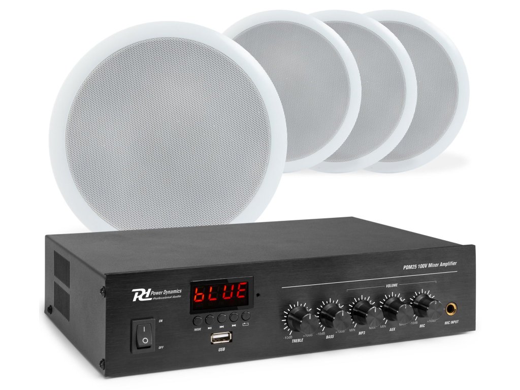 Power Dynamics zvukový systém se 4 stropními reproduktory CSPB5 a zesilovačem PDM25 s BT