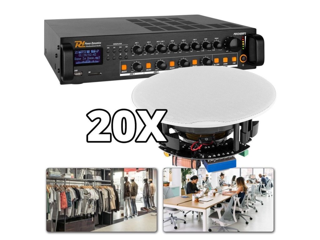 Power Dynamics 100V Ozvučovací 4 zónový systém s 20 stropními reproduktory