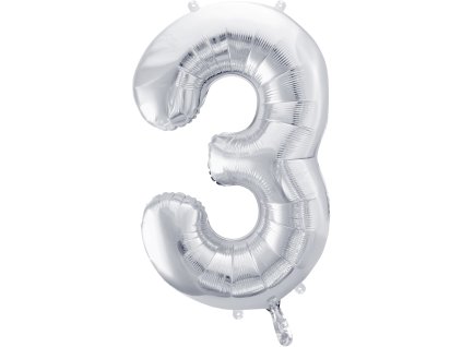 PartyDeco Foliový balón číslo 3, 86cm stříbrný