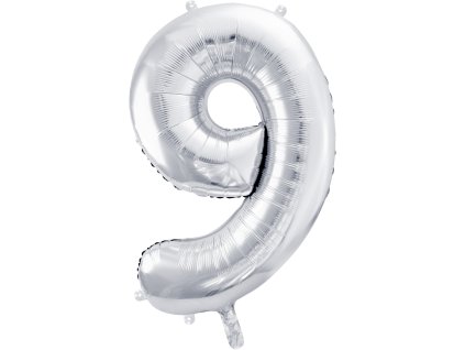 PartyDeco Foliový balón číslo 9, 86cm stříbrný