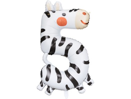 PartyDeco Foliový balón číslo 5 - Zebra 68x98 cm mix