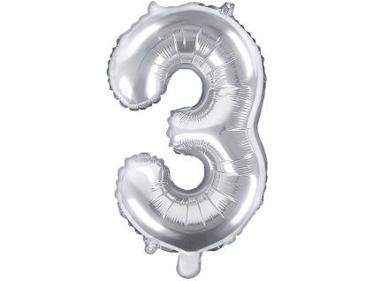 PartyDeco Foliový balón číslo 3, 35cm stříbrný