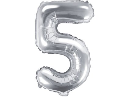 PartyDeco Foliový balón číslo 5, 35cm stříbrný