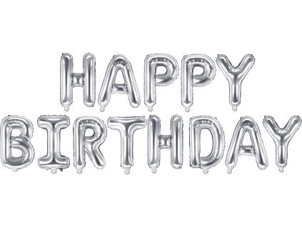 PartyDeco Foliový balón Happy Birthday 340x35cm stříbrný