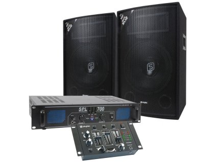 Skytec 700W DJ Set reproboxů, zesilovače a mixpultu