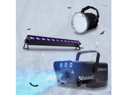BeamZ Complete Halloween Effect Set s výrobníkem mlhy s modrým LED podsvícením, LED stroboskopem a LED UV barem