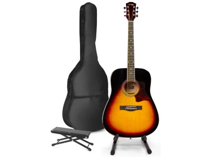 MAX SoloJam Westernová akustická kytara s kytarovým stojanem a opěrkou nohou - Barva Sunburst