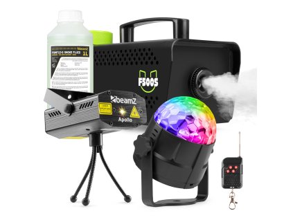 Fuzzix Partyset výrobníku mlhy F500S s náplní, mini laseru Apollo a efektu Tornado