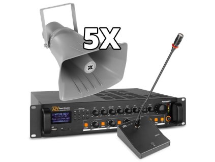Power Dynamics Set ozvučení 200W s 5 reproduktory, bluetooth a MP3 pro sportoviště nebo průmyslové haly