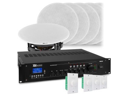 Power Dynamics 4-strefowy system dźwiękowy z 8 głośnikami wbudowanymi FCS5, wzmacniaczem 100V i 4 regulatorami głośności