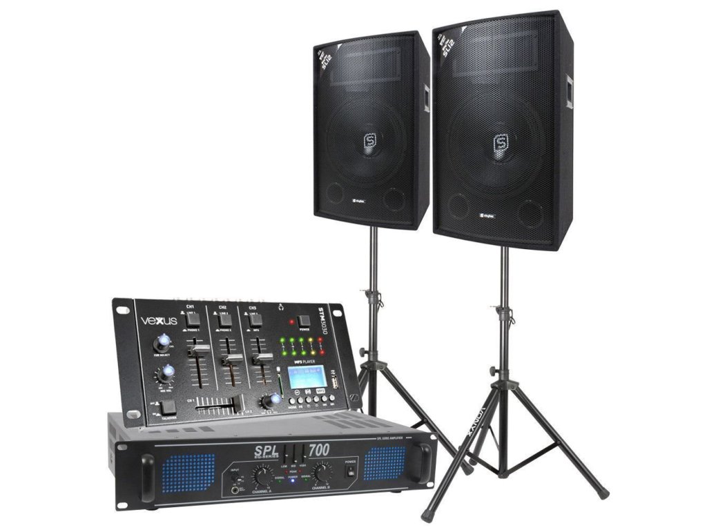 Skytec Complete 700W DJ Bluetooth Set reproduktorov so stojanmi, zosilňovačom a mixpultom