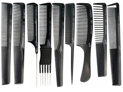 Sada 9 různých typů kadeřnických hřebenů