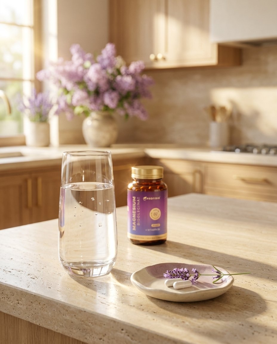 Magnesium Bisglycinate s pohárom vody