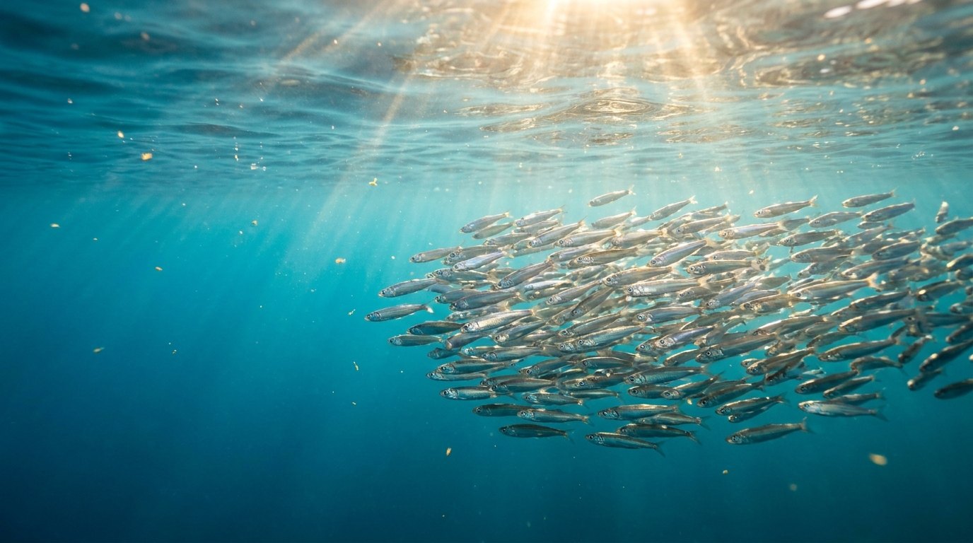 Kŕdeľ ančovičiek v čistých vodách Tichého oceánu