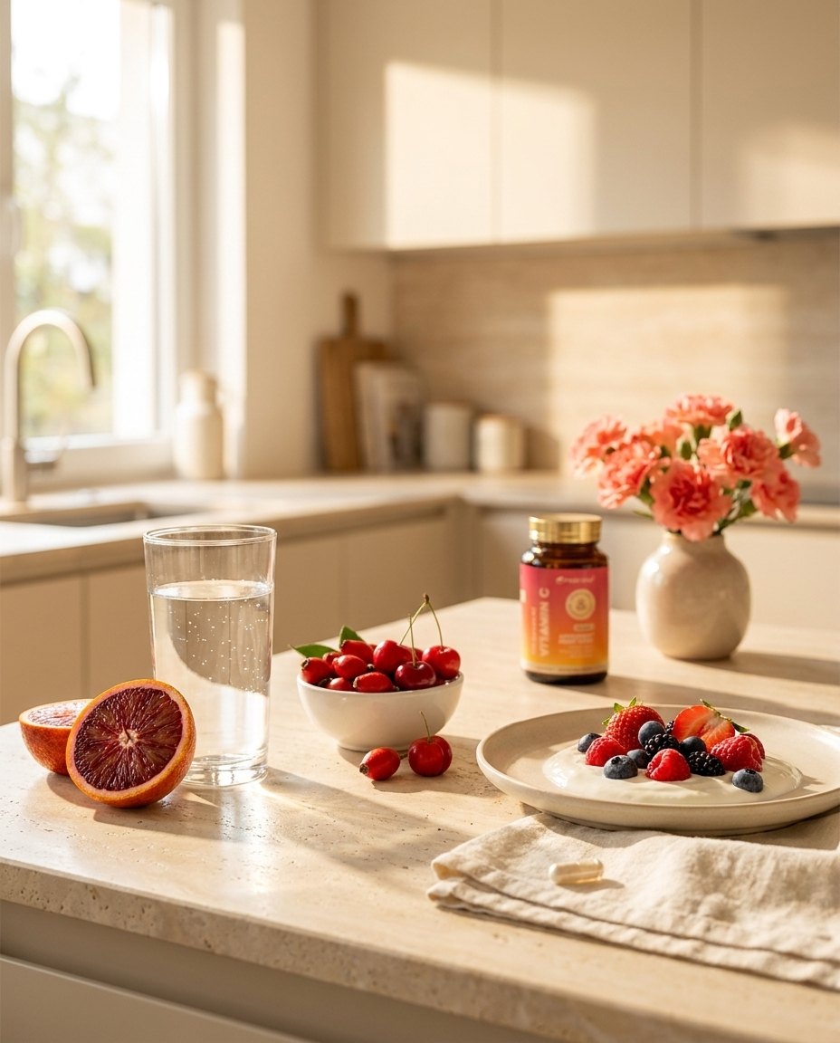 Lipozomálny vitamín C s pohárom vody