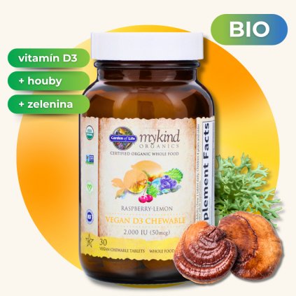 Mykind Organics Chewable Vegan D3, vitamín D s příchutí maliny a citrónu, 30 bonbónů
