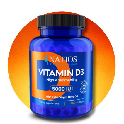 Vitamin D3, 5000 IU, (s olivovým olejem), 250 softgel kapslí