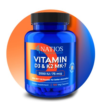 Vitamín D3 + K2 (MenaQ7 MK 7), 2000 IU + 75 mcg, 100 kapslí